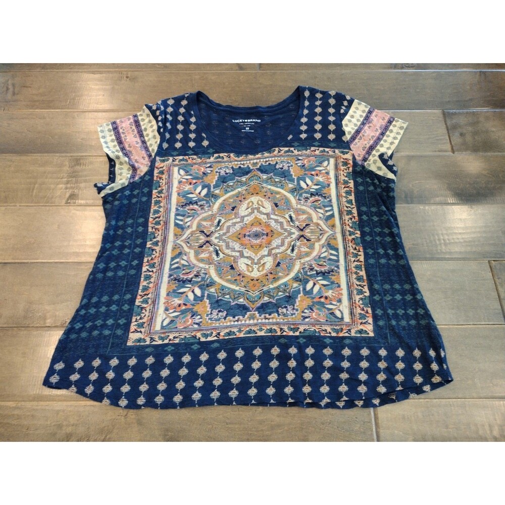 LUCKY BRAND Women's short-sleeve Boho persian navy blue t-shirt tee - XXL